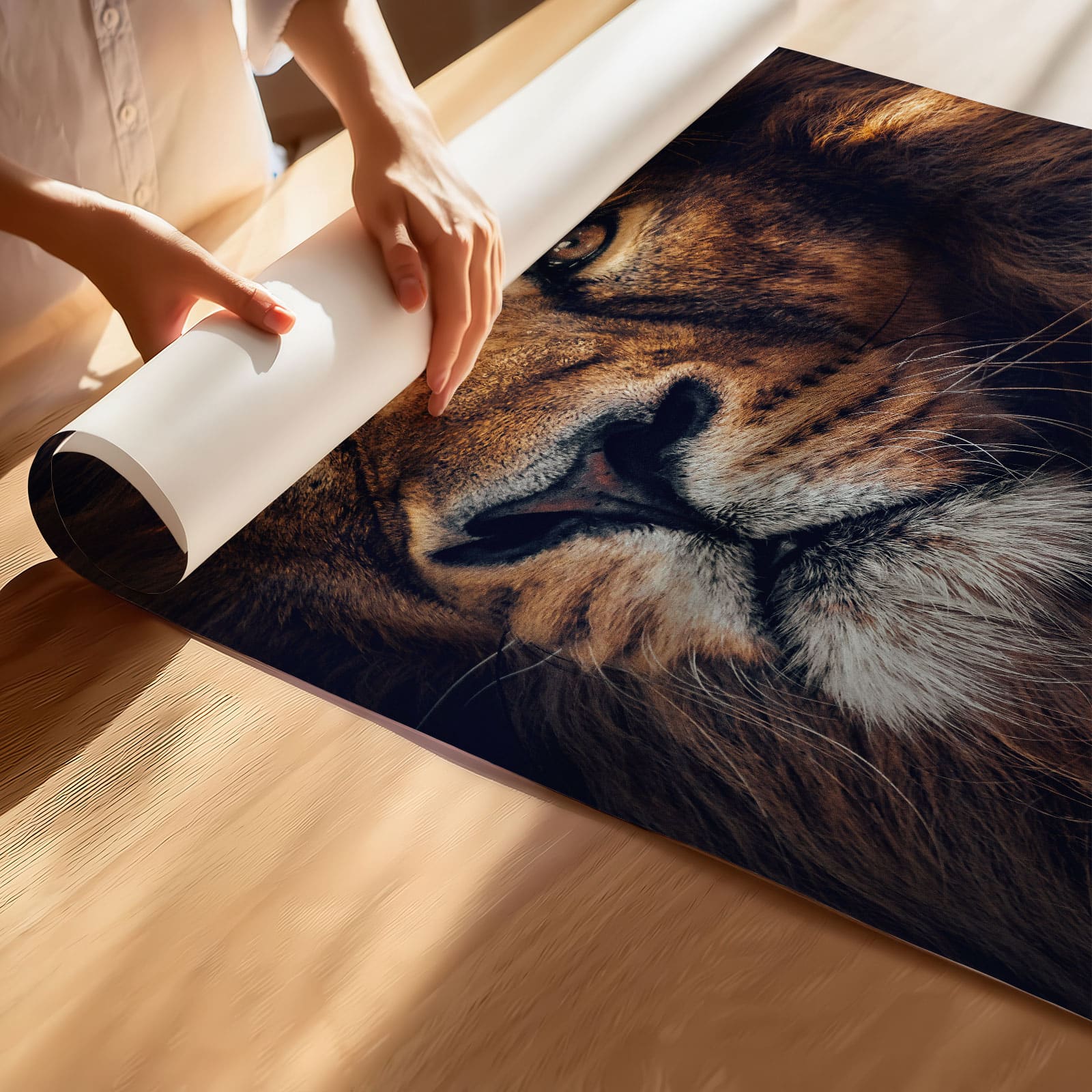 Hands unrolling a large fine art print on archival paper